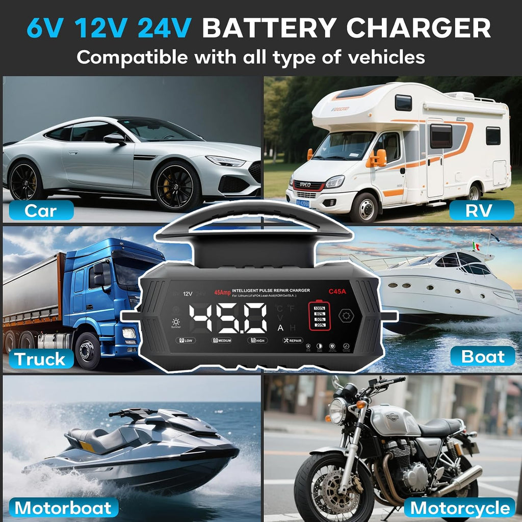 Haisito 45 Amp Car Battery Charger, 12V/24V Lithium LiFePO4 Battery Charger Automatic Battery Maintainer, Portable Smart Trickle Charger for Automotive Car Truck Motorcycle Lawn Mower Boat AGM Gel