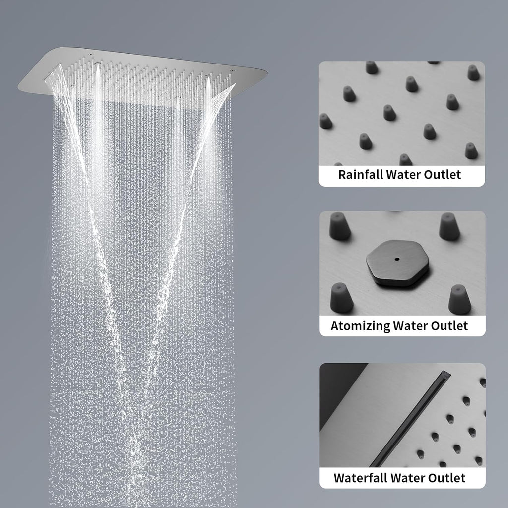 Brushed Nickel Shower Faucet System 16 X 24' 3 Functions Waterfall Mist Rainfall Ceiling Shower Head Thermostatic Full Body Shower Faucet Set Complete With Handheld And Shower Body Jet Spray
