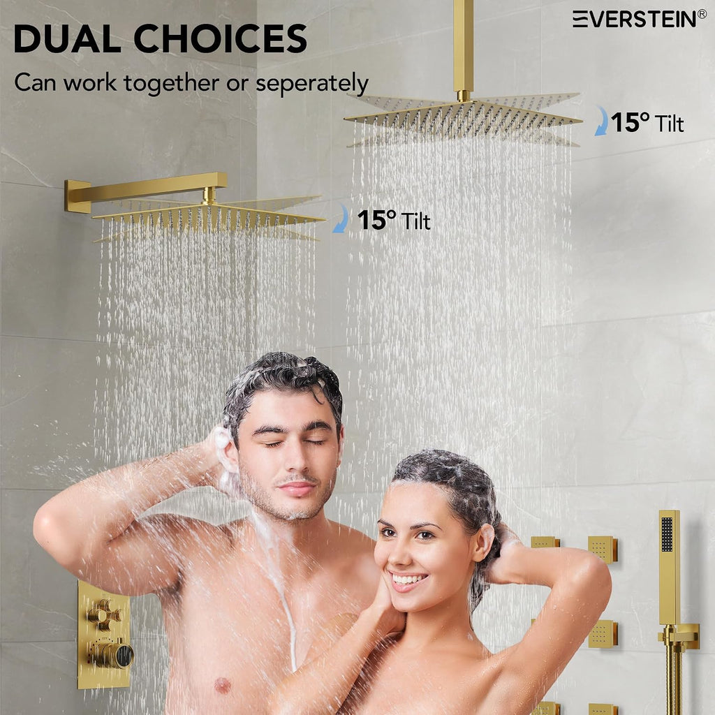 12' High-Pressure Rainfall Shower Faucet with Valve for Bathroom, Dual Rainfall Shower Head System with 6 Body Jets, Rough in-Valve (Brushed Gold)