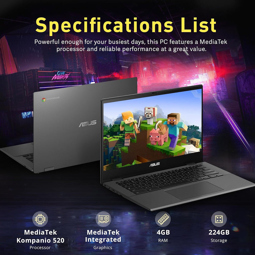 ASUS Chromebook CM1402 14' FHD Anti-Glare Laptop, MediaTek Kompanio 520, 4GB LPDDR4X, 224GB Storage(64GB eMMC+160GB Docking Station Set), HD Webcam, WiFi 6, Bluetooth, Chrome OS, Gray