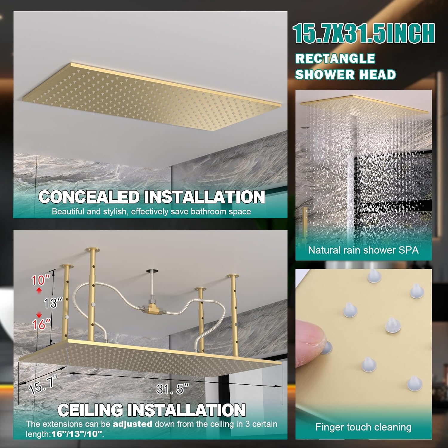 HOMEDEC 15.7x31.5' Rainfall and 6' Dual Shower Heads with Handheld Spray Combo, Full Body Shower System with 6pcs Body Jets, Brushed Gold