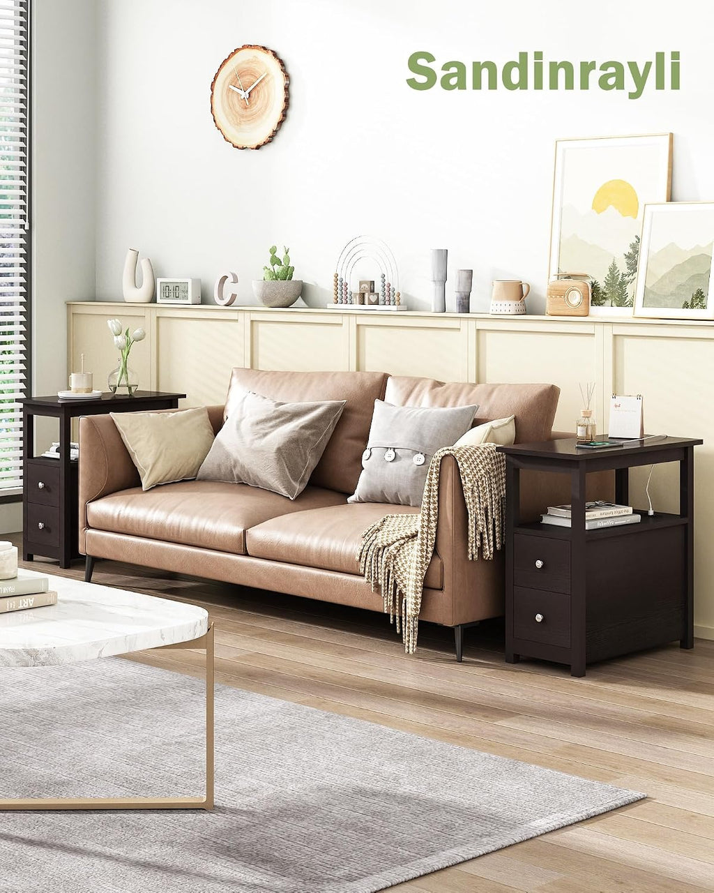3-Tier Side Table Slim Sofa End Table with 2 Drawers and 1 Open Shelf Narrow Space for Living Room, Espresso Power (Outlets and USB Ports Included) Set of 2
