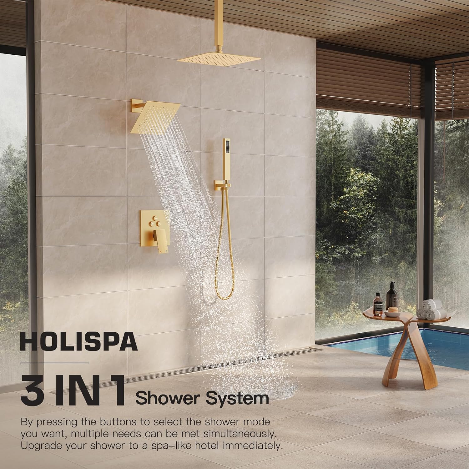 Gold Shower System, Shower Faucet Set with 3 In 1 Push Button Valve, Shower Faucet included 10' Ceiling Shower Head and 8' Wall-Mount Shower Head with Handheld Spray, Brushed Gold