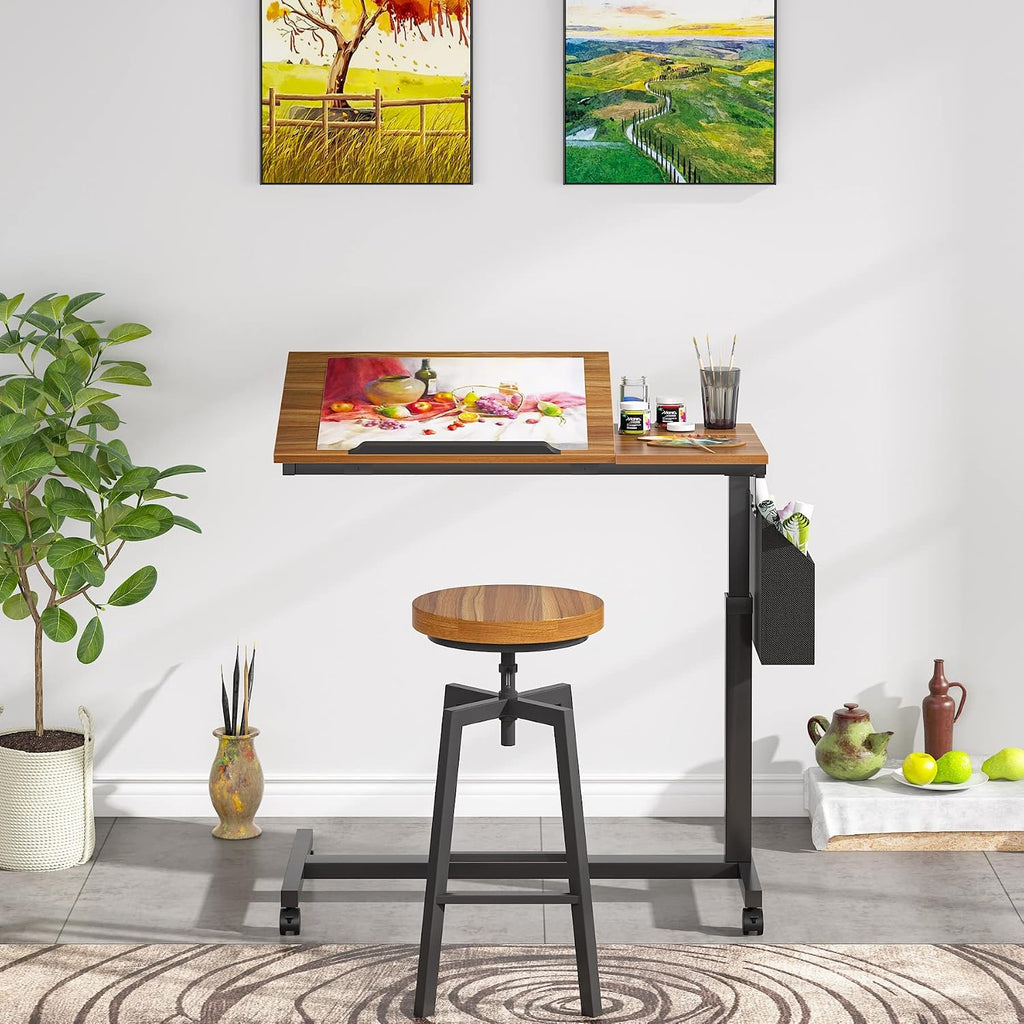 Tribesigns Height Adjustable C Shaped End Table with Wheels and Side Pocket, Mobile Sofa Snack Table with Tiltable Drawing Board, Laptop Side Tray Table for Couch Bed (Walnut Brown)