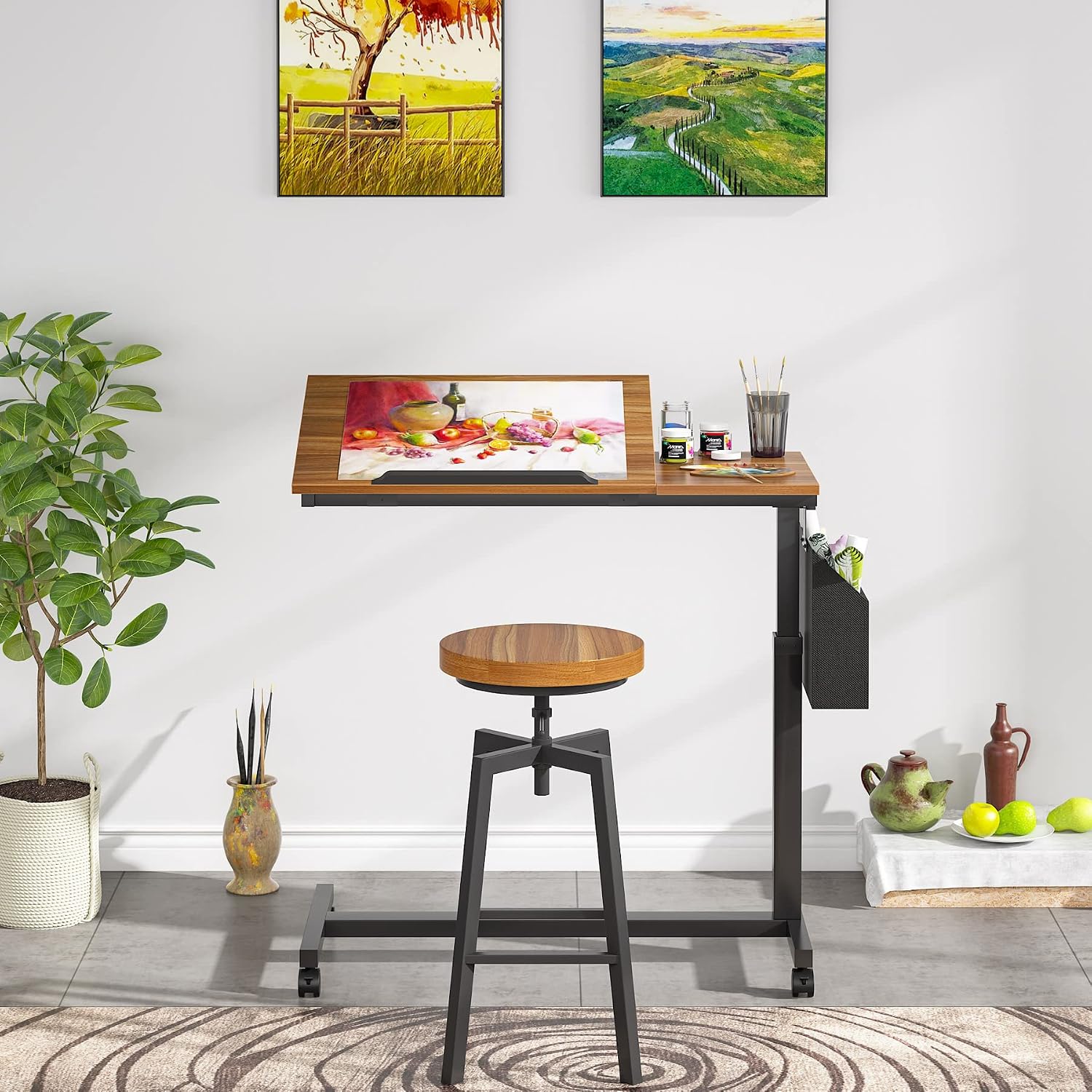 Tribesigns Height Adjustable C Shaped End Table with Wheels and Side Pocket, Mobile Sofa Snack Table with Tiltable Drawing Board, Laptop Side Tray Table for Couch Bed (Walnut Brown)