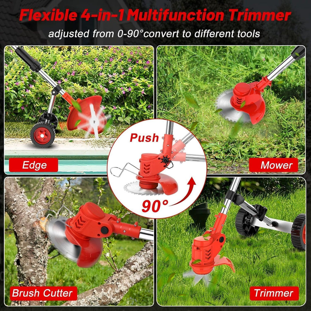Electric Weed Wacker Cordless Weed Eater Battery Powered 21V, 4-in-1 Brush Cutter/String Trimmer/Grass Trimmer/Lawn Mower, 6 inch Edger Stringless Weed Trimmer with Wheel & Blade, 2 Battery(Red)
