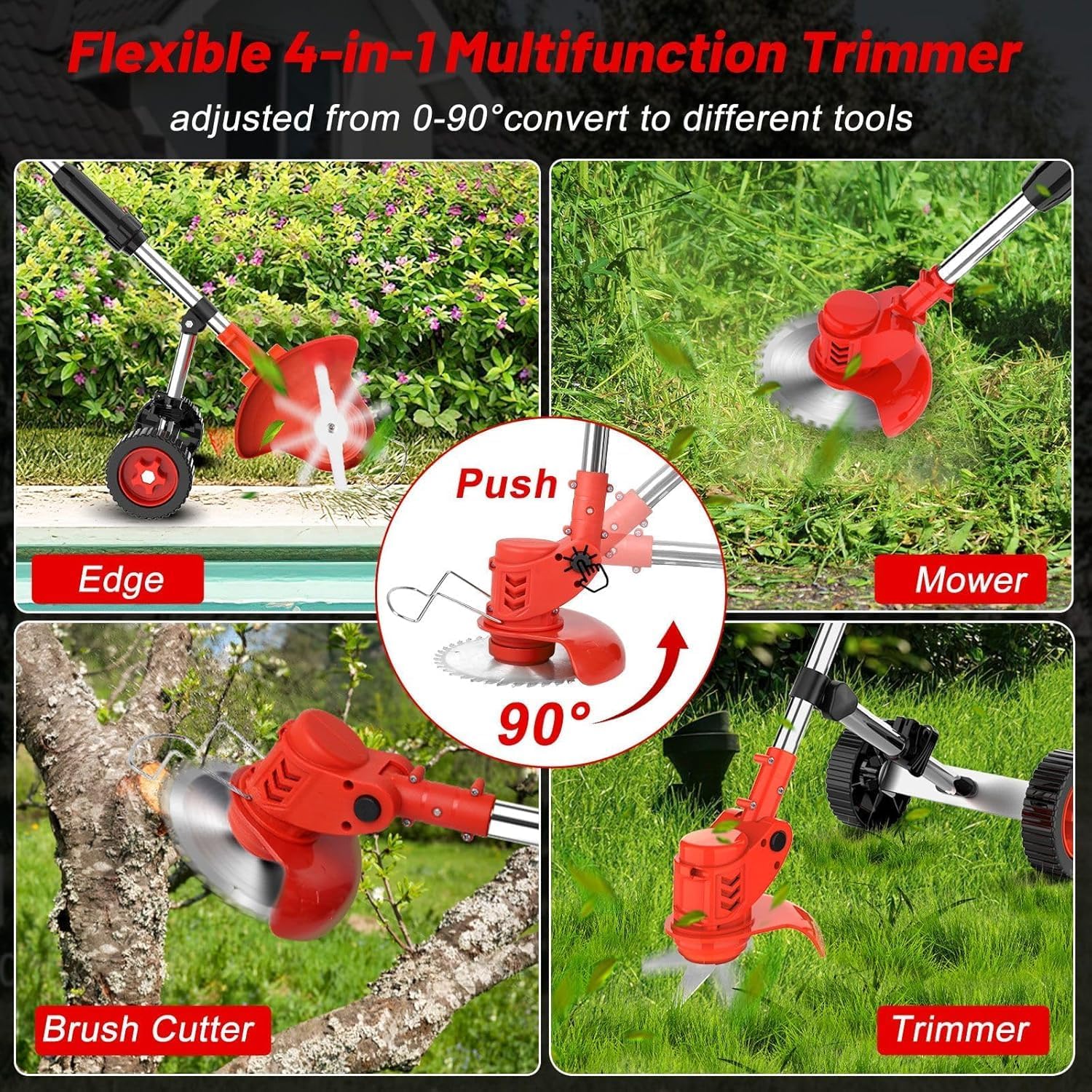 Electric Weed Wacker Cordless Weed Eater Battery Powered 21V, 4-in-1 Brush Cutter/String Trimmer/Grass Trimmer/Lawn Mower, 6 inch Edger Stringless Weed Trimmer with Wheel & Blade, 2 Battery(Red)