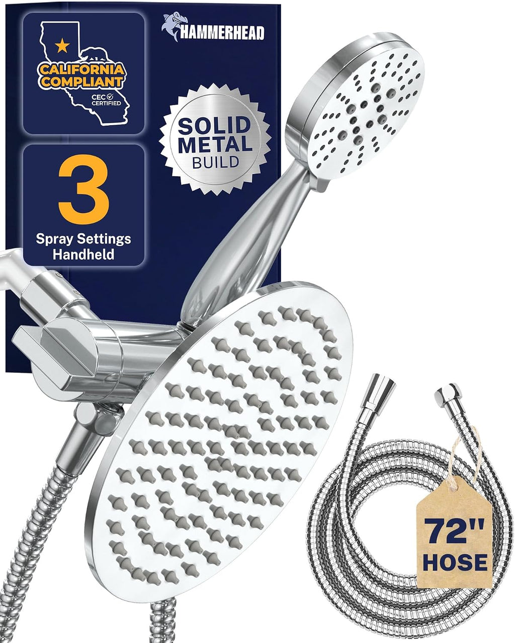 HammerHead Showers Dual Shower Head Combo, 8-Inch Rainfall & 3-Flow Handheld, Chrome, 1.75 GPM