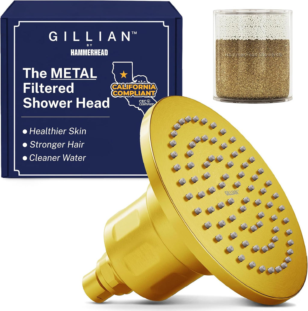 Gillian™ by HammerHead High Pressure Shower Head with Filter – Genuine KDF-55 Filtered Shower Head for Hard Water, Healthier Skin & Hair – Metal 6-Inch Rainfall Showerhead with Filters, Brushed Gold
