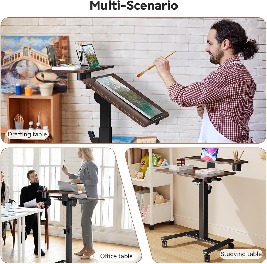 28 inch Mobile Standing Desk On Wheels， Small Computer Workstation Adjustable Height，Rolling Laptop Stand with Tiltable Desktop， 2-Tier Portable Study Table with Storage Shelf， Walnut