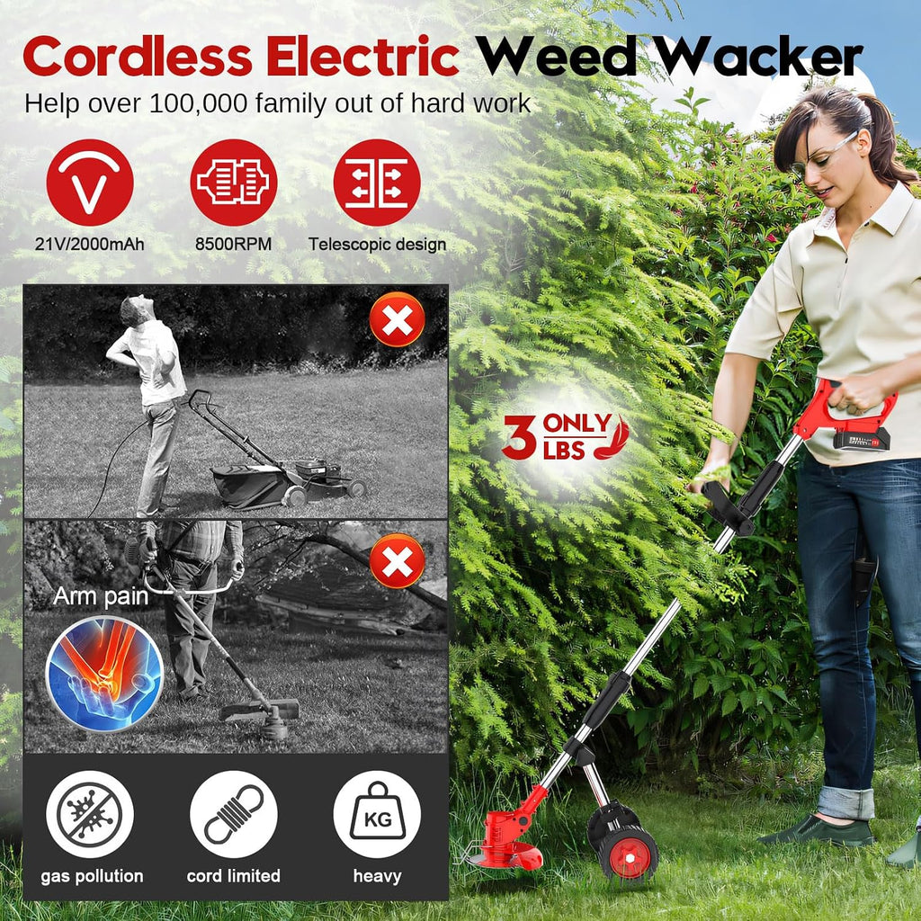 Cordless Weed Wacker with Wheel, Electric Weed Eater Battery Powered W/Blade, 3 in 1 Weed Trimmer Edger Weed Brush Cutter Mower, No String Grass Trimmer Wheel Yard Garden Tool