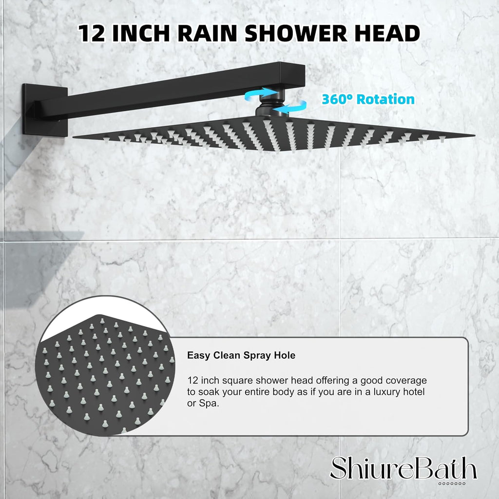12 Inch Shower Faucet Set with Tub Spout Bathroom Shower System with 12 Inch Rain Shower head and Handheld Shower Head Set, Matte Black