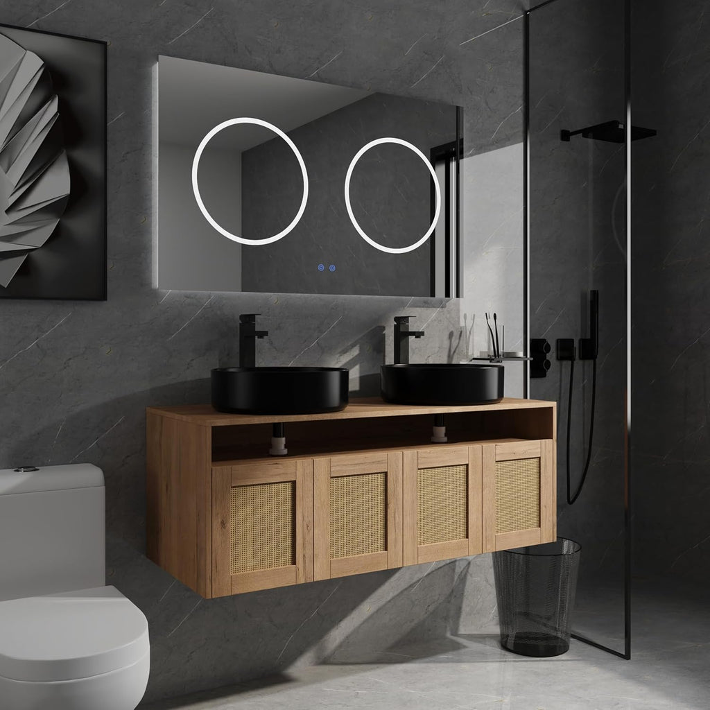 48'' Floating Bathroom Vanity, Double Sink Bathroom Vanity, Black Ceramic Double Vanities Sink for Bathrooms with Soft Close Doors, Modern Bathroom Sink Cabinet, Plywood, Imitative Oak