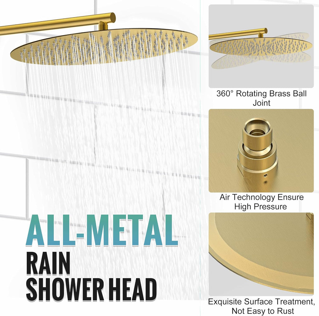 SR SUN RISE Shower Faucet - 16 Inch Multifunctional High Pressure Shower Head System with Handheld Shower Head Fixtures - Valve Included - Brushed Gold