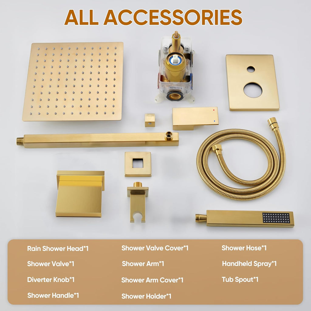 Gold Tub Shower System, All Metal Tub Shower Faucet Set with 12' Rain Shower Head and Handheld Spray combo, Wall Mounted Shower Systems with Tub Spout, Valve and Trim Kit, Brushed Gold