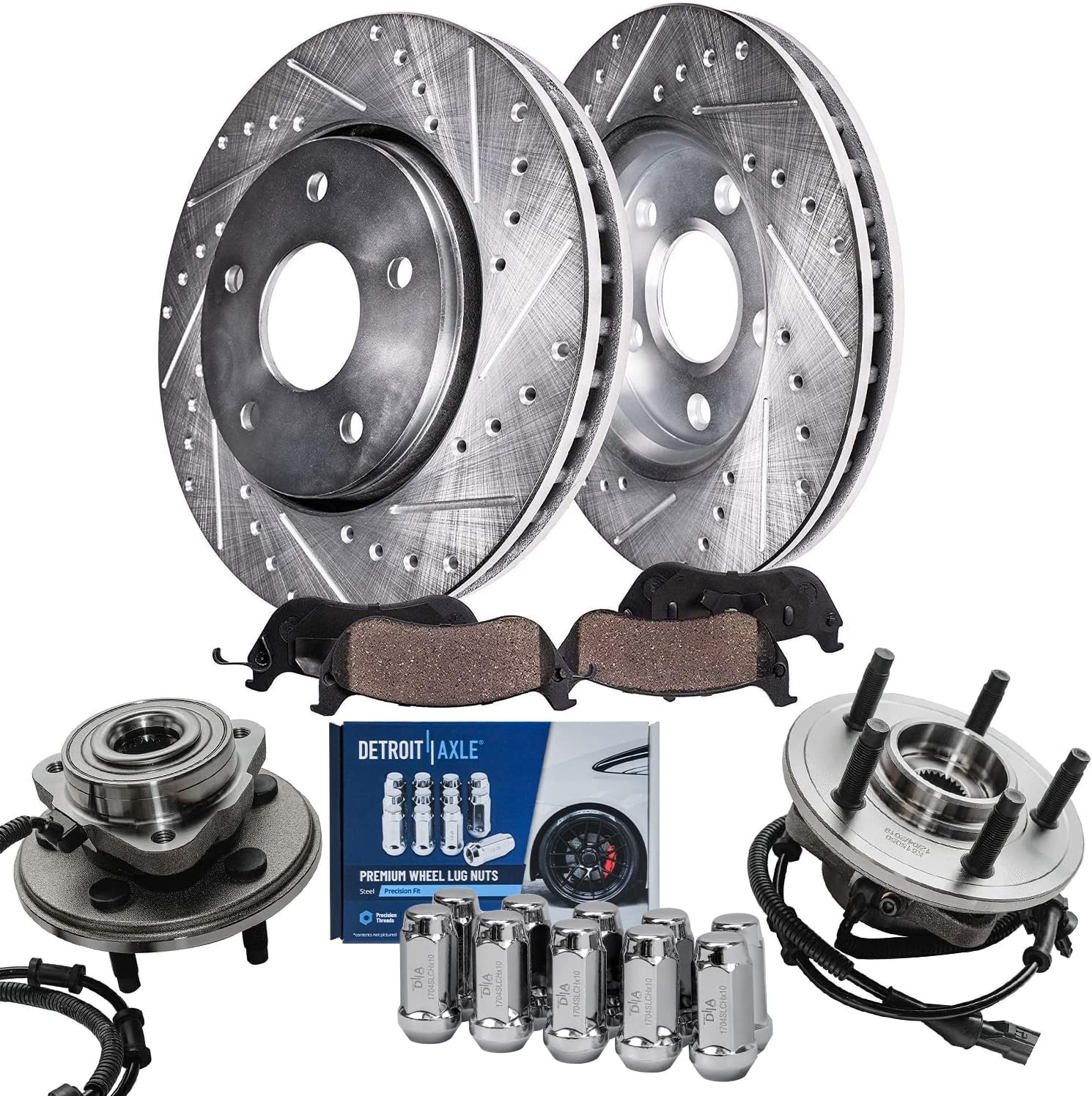 Detroit Axle - Front Brake Kit for Ford Explorer Mercury Mountaineer Drilled & Slotted Brake Rotors Ceramic Brakes Pads Wheel Bearing Hubs Assembly 10pc Wheel Lug Nuts 2002 2003 2004 2005 Replacement
