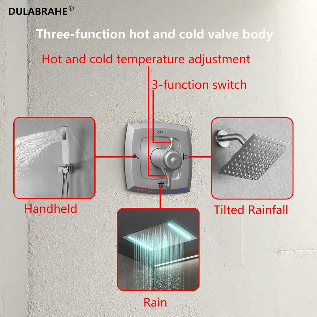 14 X 20 Inch Ceiling LED Rain Shower Head, Dual Rainfall Smart Shower System Set With 8 Inch Wall Head For Two People (Brushed Nickel)