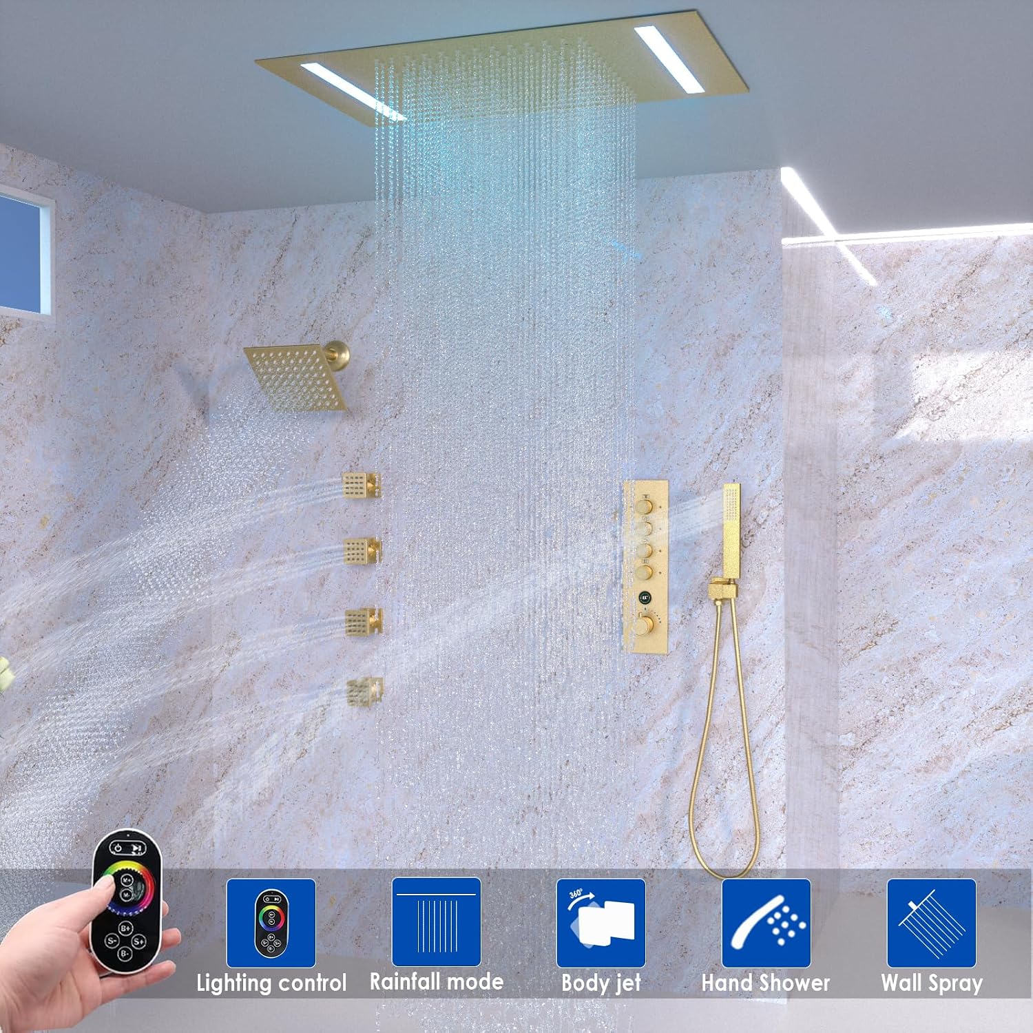 Luxury Thermostatic Digital Dual Heads Shower System Brushed Gold Full Bdoy Spray Shower Faucet Set with 20x14in LED Rainfall Showerhead and 6in Wall Shower, 4 Body Jets with Shut-off, Brass Handheld