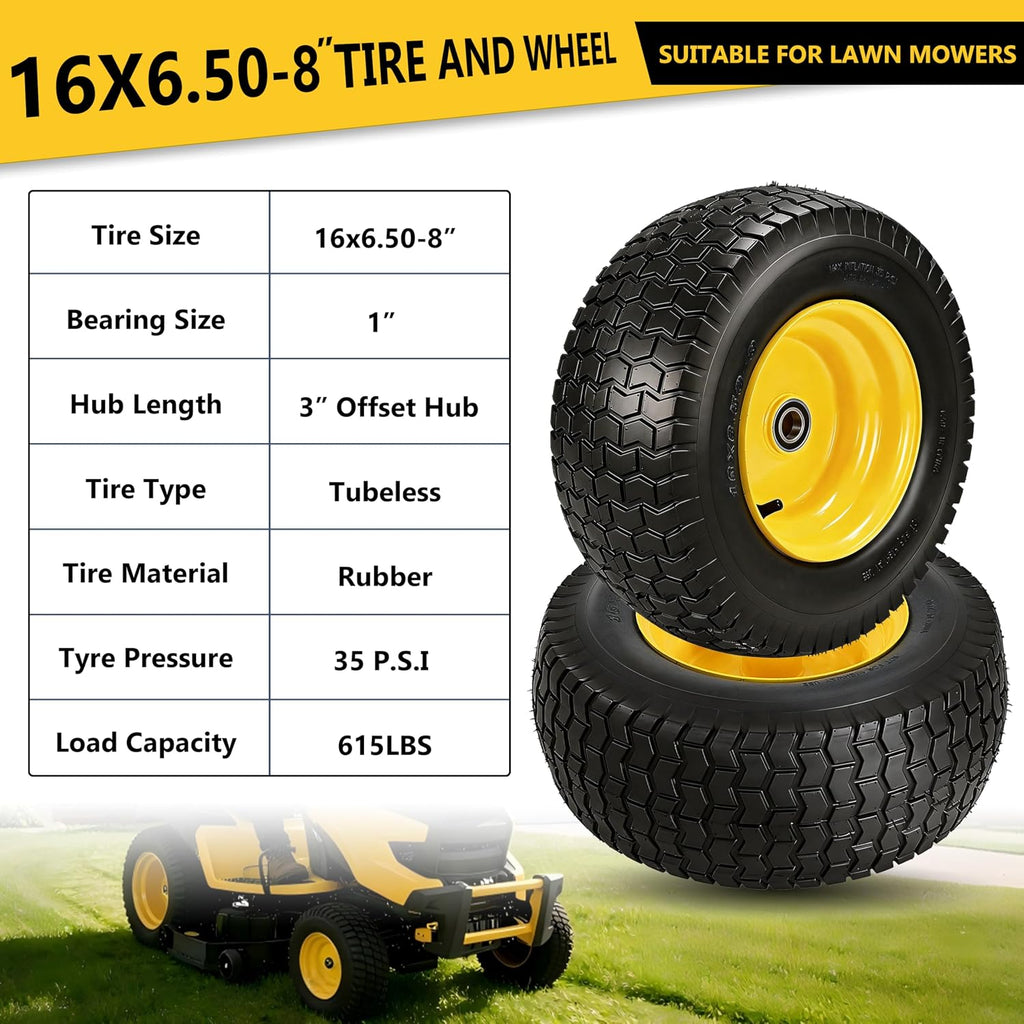 2 Pcs 16x6.50-8 Tubeless Lawn Mower Tire and Wheel, 16x6.5-8 Replacement Front Tires for Riding Mowers and Garden Tractors, with 1' Bearings & Extra 3/4' Bearings, 3' Offset Hub, 4 Ply, Yellow Rim