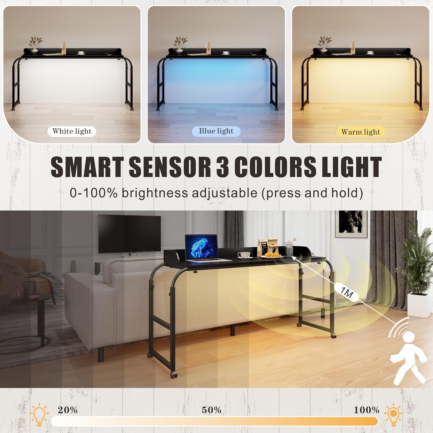 HWB Over Bed Desk with Auto-Sensor LED Lights,Over Bed Table with Wheels Adjustable Height with Charging Station,Beside Table,Rolling Tray Table for Laptop and Writing for Living Room,Black