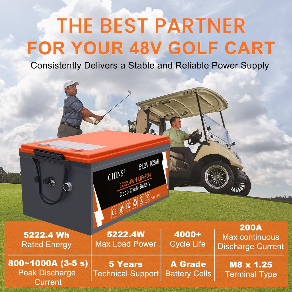 CHINS 48V 102Ah Golf Cart Battery, Built-in Smart 200A BMS, 4000+ Cycles Rechargeable, 48V Lithium Battery Perfect for Golf Cart