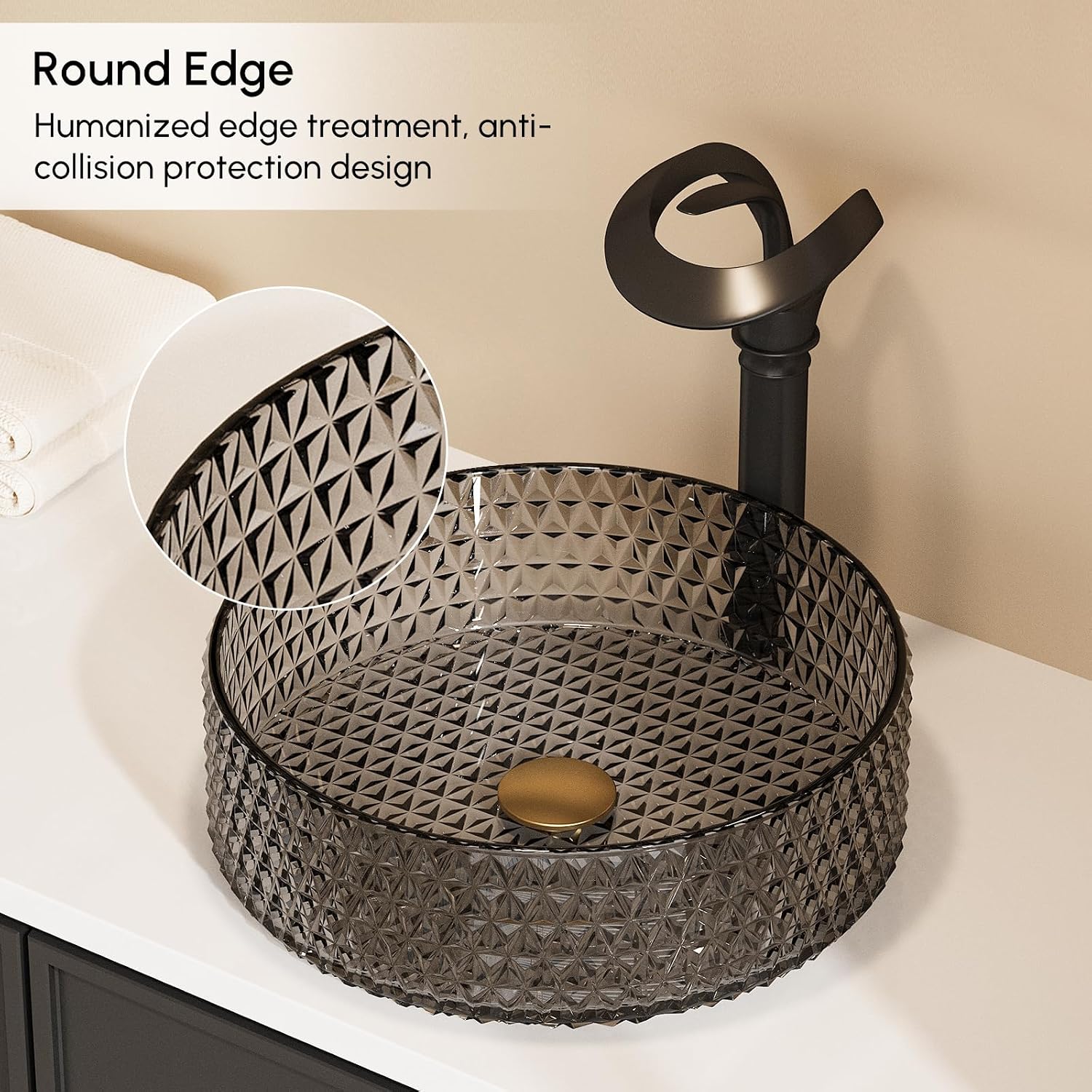Homary Bathroom Vessel Sink Round Vessel Sink 15.35' x 4.33' Transparent Diamond Shaped Crystal Glass Bathroom Sink Above Counter with Pop-up Drain, Pack of 2, Black