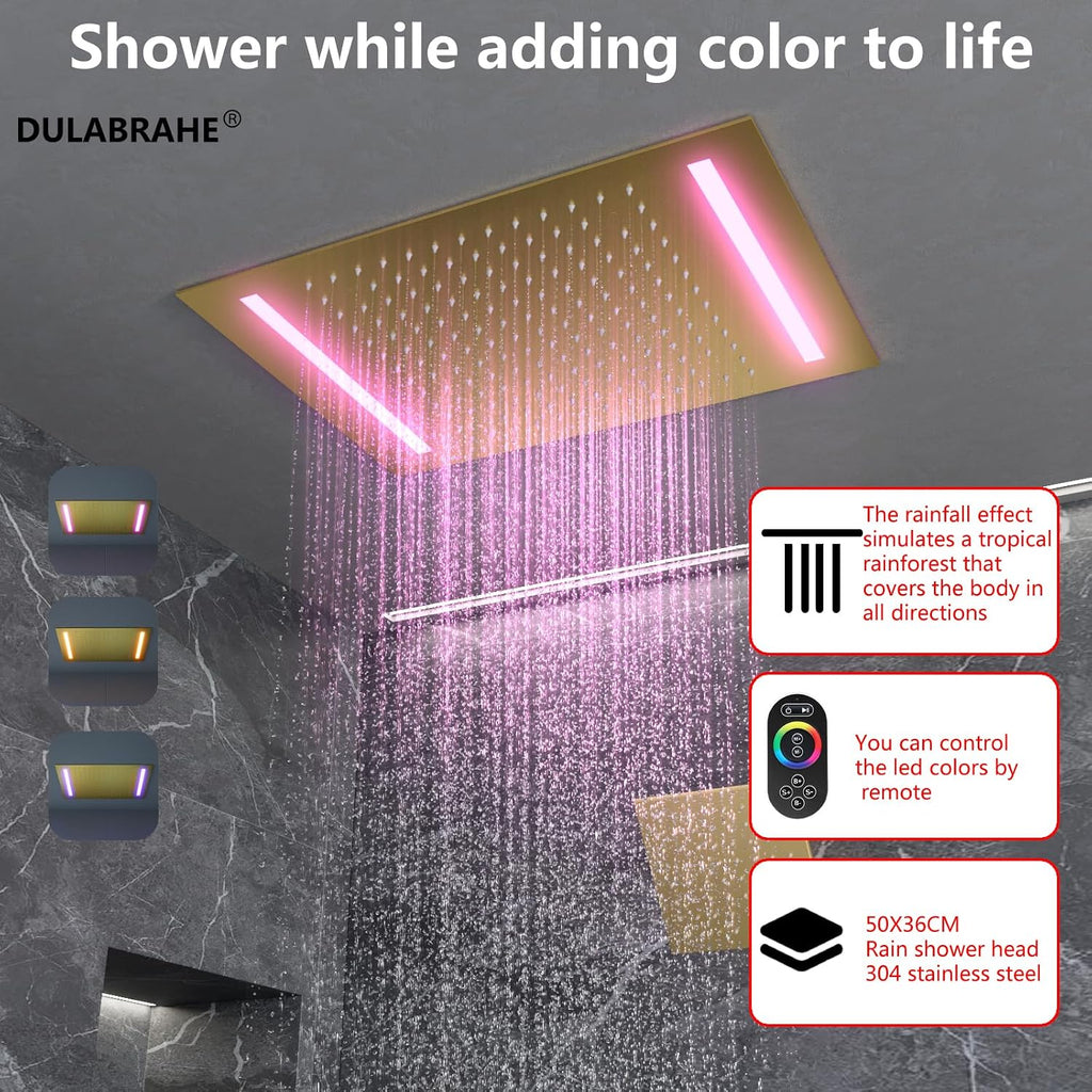 14 X 20 Inch Ceiling LED Rain Shower Head, Dual Rainfall Smart Shower System Set With 8 Inch Wall Head For Two People (Brushed Gold)