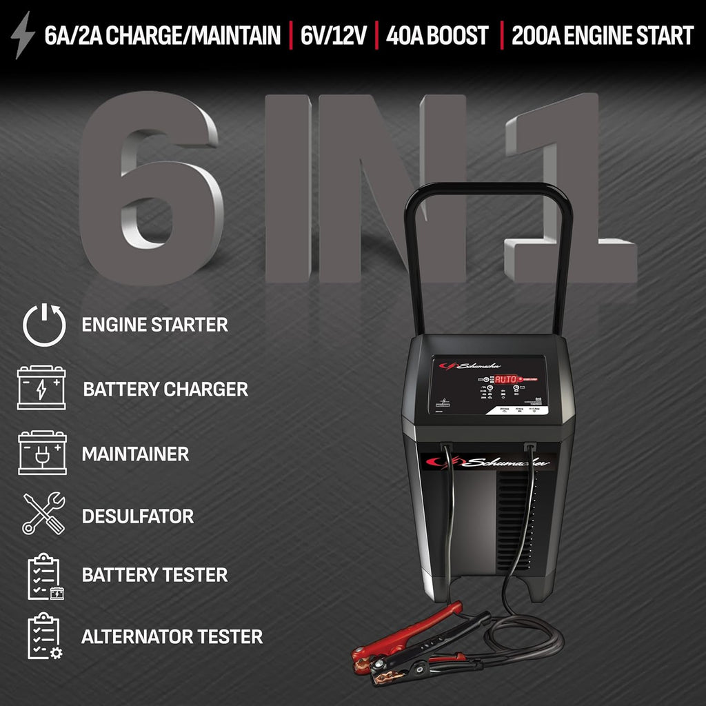 Schumacher Electric Wheeled Automatic 6A Car Battery Charger and 200A Engine Starter, 6-in-1 Solution, Maintainer, 40A Boost, for 6V/12V Power Sport, Automotive, and Marine Batteries, SC1353