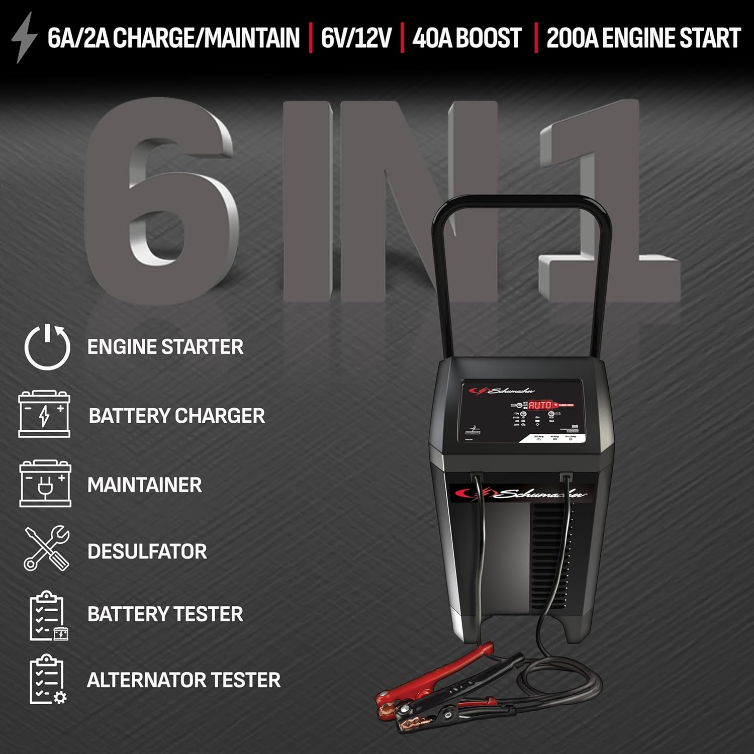 Schumacher Electric Wheeled Automatic 6A Car Battery Charger and 200A Engine Starter, 6-in-1 Solution, Maintainer, 40A Boost, for 6V/12V Power Sport, Automotive, and Marine Batteries, SC1353