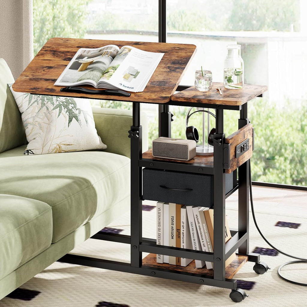 Height Adjustable Overbed Table with Wheel and Charging Station, Tiltable Desk C Shaped End Table for Couch, 2-Tier Overbed Bedside Desk with Storage Shelve for Living Room Bedroom