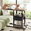 Height Adjustable Overbed Table with Wheel and Charging Station, Tiltable Desk C Shaped End Table for Couch, 2-Tier Overbed Bedside Desk with Storage Shelve for Living Room Bedroom