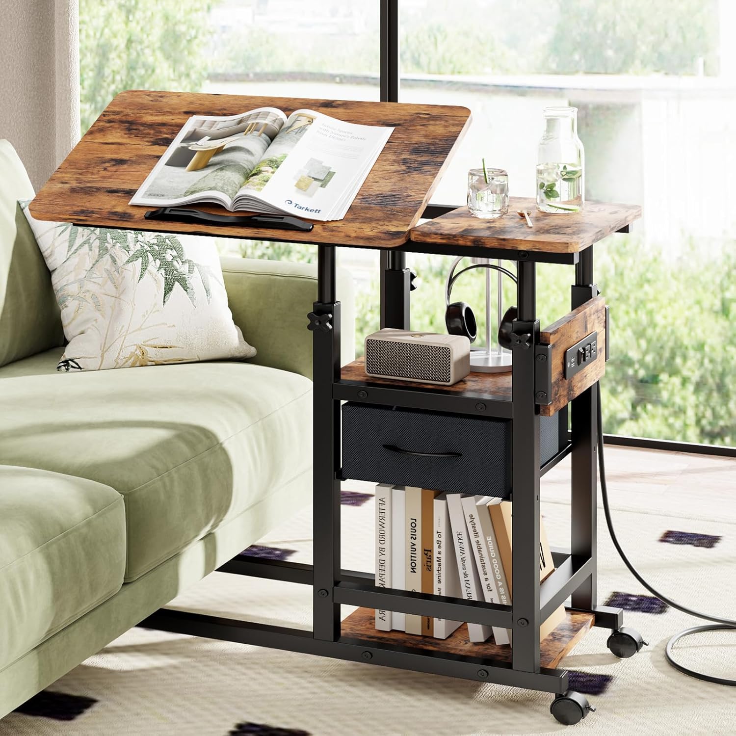 Height Adjustable Overbed Table with Wheel and Charging Station, Tiltable Desk C Shaped End Table for Couch, 2-Tier Overbed Bedside Desk with Storage Shelve for Living Room Bedroom