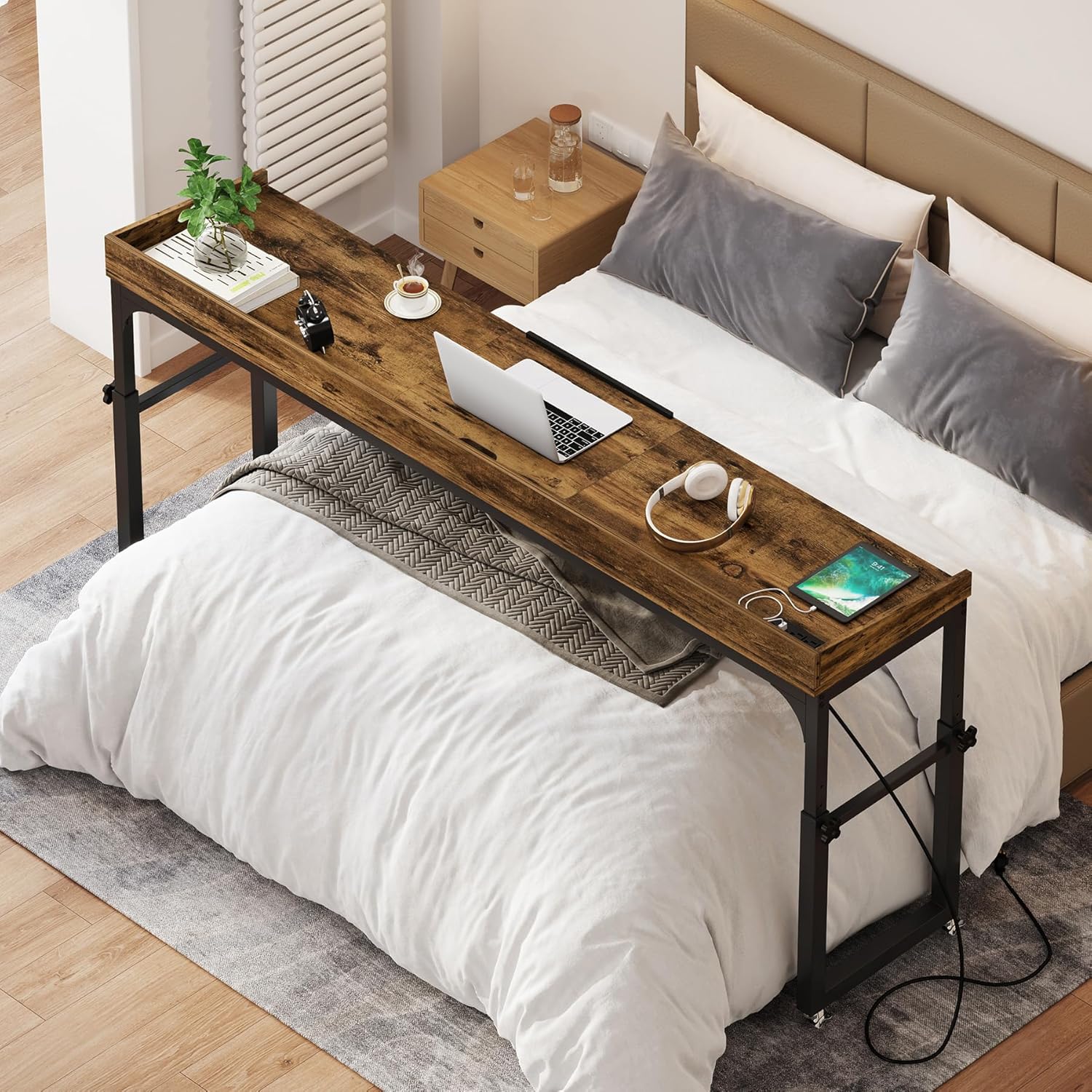 Tribesigns Height Adjustable Overbed Table with Wheels, Queen Size Over Bed Desk with Adjustable Tilt Stand, Mobile Laptop Cart Computer Desk with Outlets & USB Ports (Rustic Brown)
