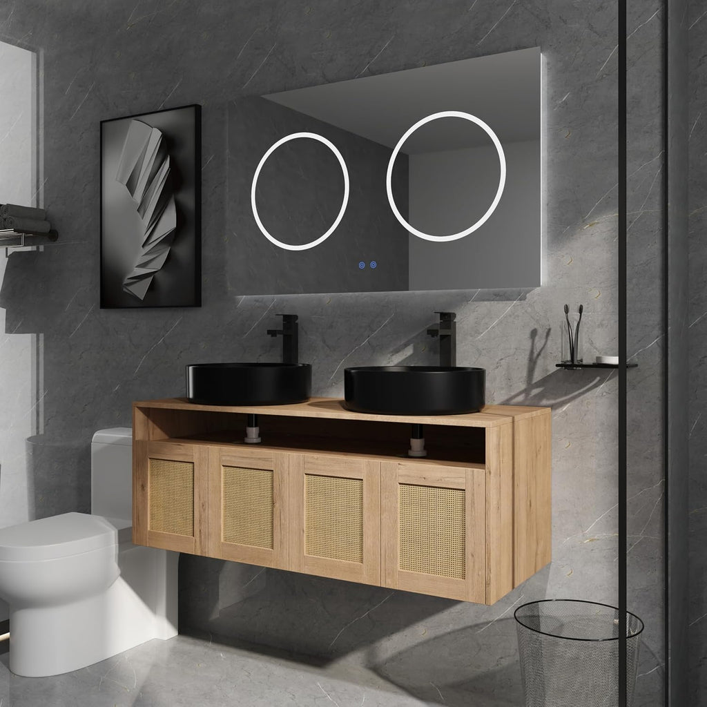 48'' Floating Bathroom Vanity, Double Sink Bathroom Vanity, Black Ceramic Double Vanities Sink for Bathrooms with Soft Close Doors, Modern Bathroom Sink Cabinet, Plywood, Imitative Oak