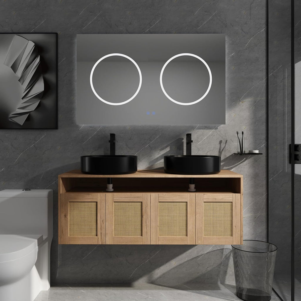48'' Floating Bathroom Vanity, Double Sink Bathroom Vanity, Black Ceramic Double Vanities Sink for Bathrooms with Soft Close Doors, Modern Bathroom Sink Cabinet, Plywood, Imitative Oak