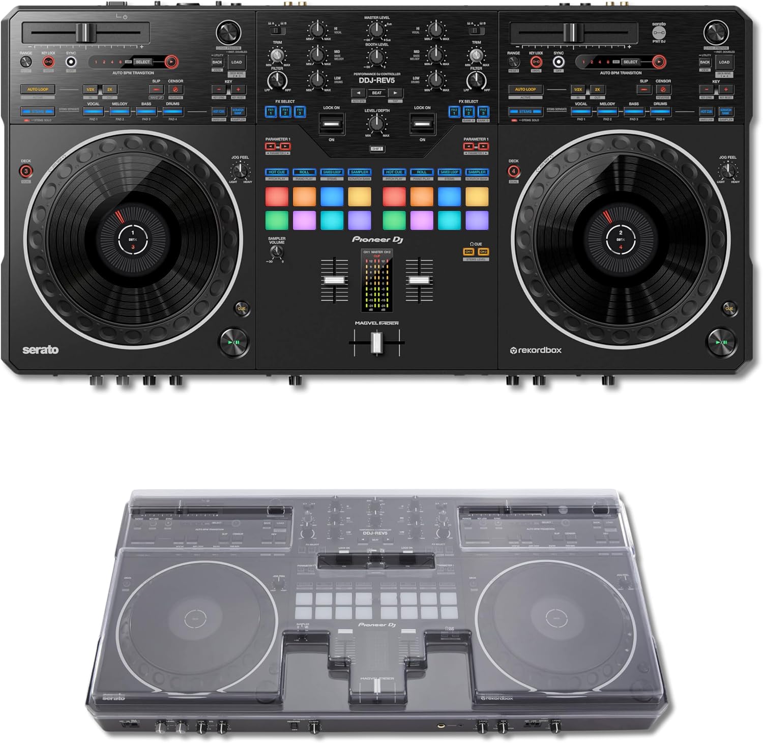 Pioneer DDJ-REV5 4-Deck DJ Controller with Decksaver DS-PC-DDJREV5 Polycarbonate Cover