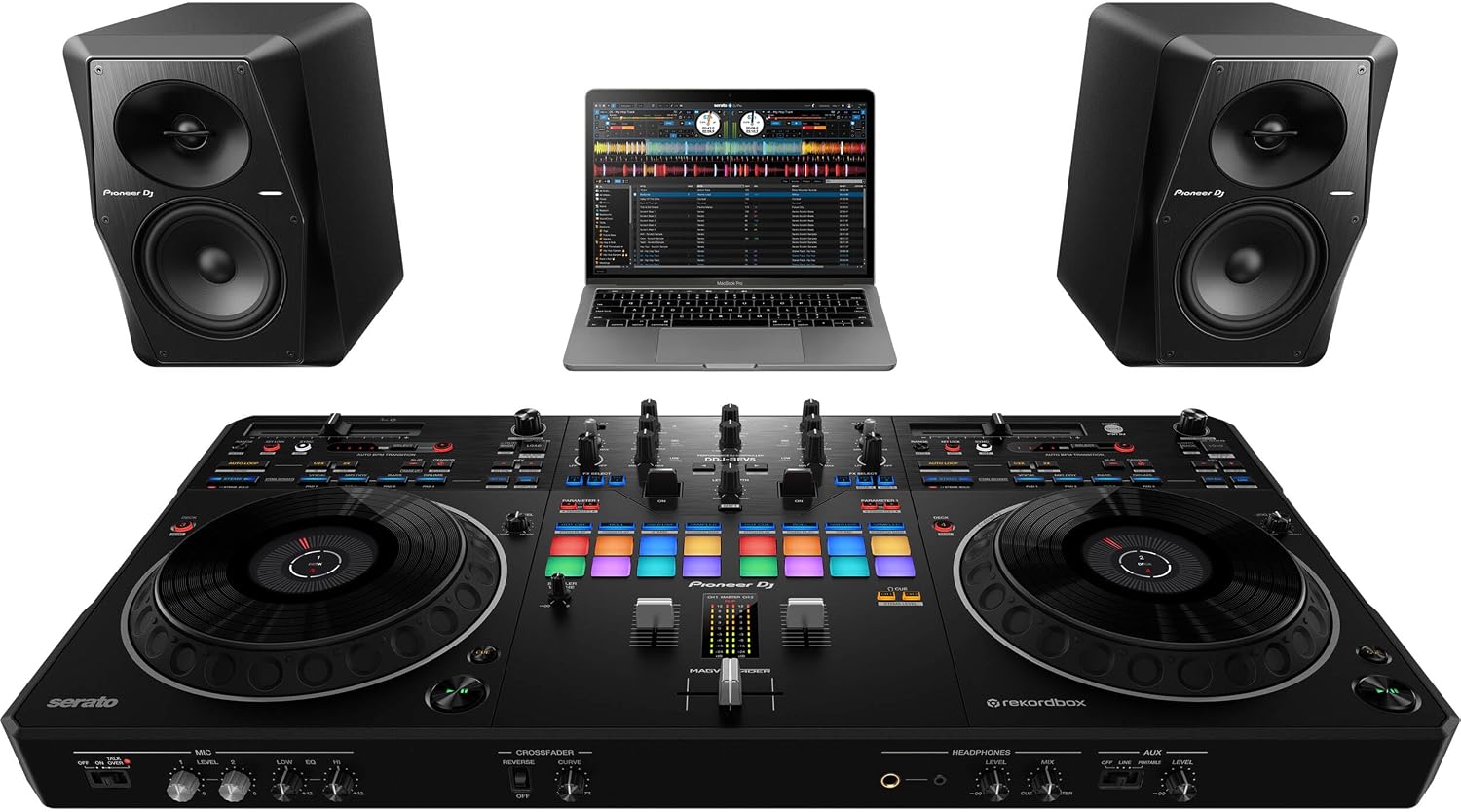 Pioneer DDJ-REV5 4-deck DJ Controller with Cans50 Professional Headphones and LPT5000 Laptop Stand