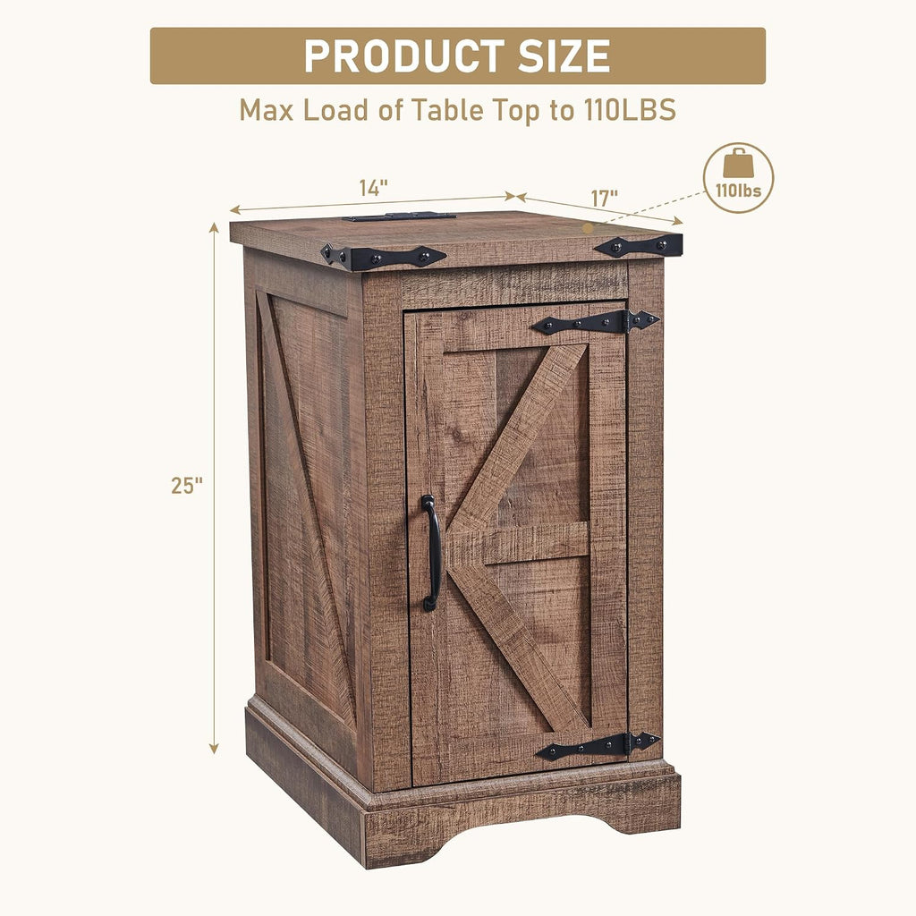 JXQTLINGMU Nightstand with Charging Station, Rectangular Farmhouse End Table with Barn Door and Adjustable Storage Shelf, 17' Deep Wood Rustic Sofa Side Table for Living Room, Bedroom, Light Brown