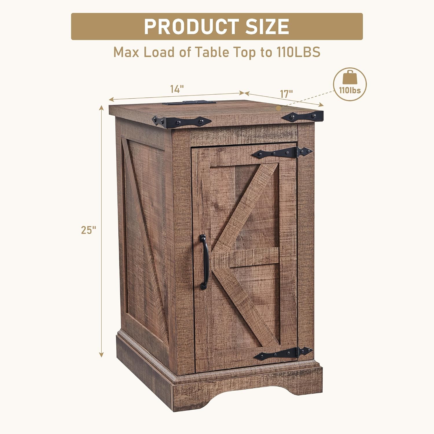 JXQTLINGMU Nightstand with Charging Station, Rectangular Farmhouse End Table with Barn Door and Adjustable Storage Shelf, 17' Deep Wood Rustic Sofa Side Table for Living Room, Bedroom, Light Brown