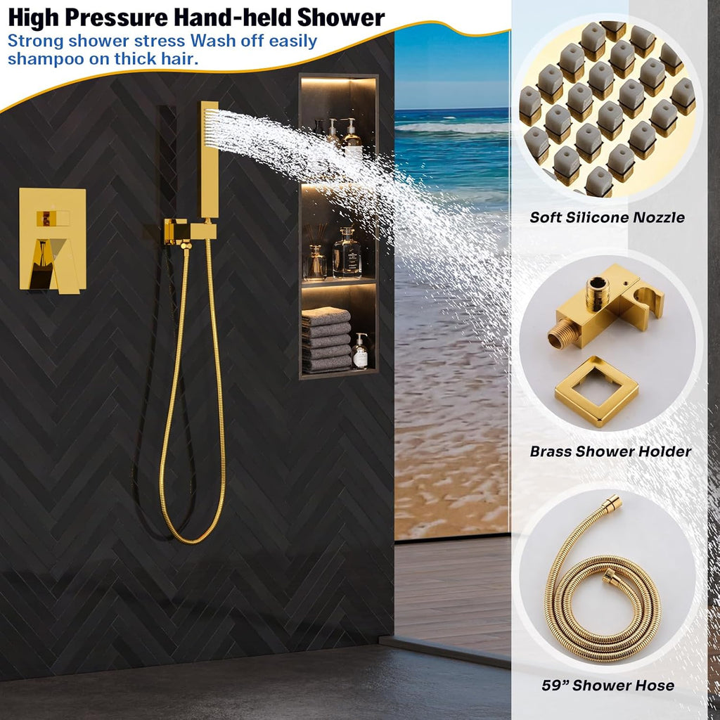 ENGA Bright Gold Dual Rain Shower Head System, 2 In 1 Functions Ceiling Mount 14x20inch LED Shower Head with 6 Inch Shower Head, Rainfall Waterfall Shower Faucet Set
