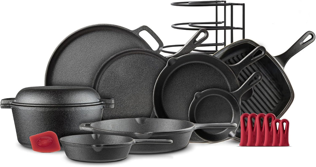 Cast Iron Cookware 18-Piece Set - Pre-Seasoned 6' + 8' + 10' + 12' Skillet + Grill Pan+Lid + Griddle + Pizza Pan + Dutch Oven+Cover/Pan + Panrack + Silicone Handle Cover + Pan Scraper/Cleaner