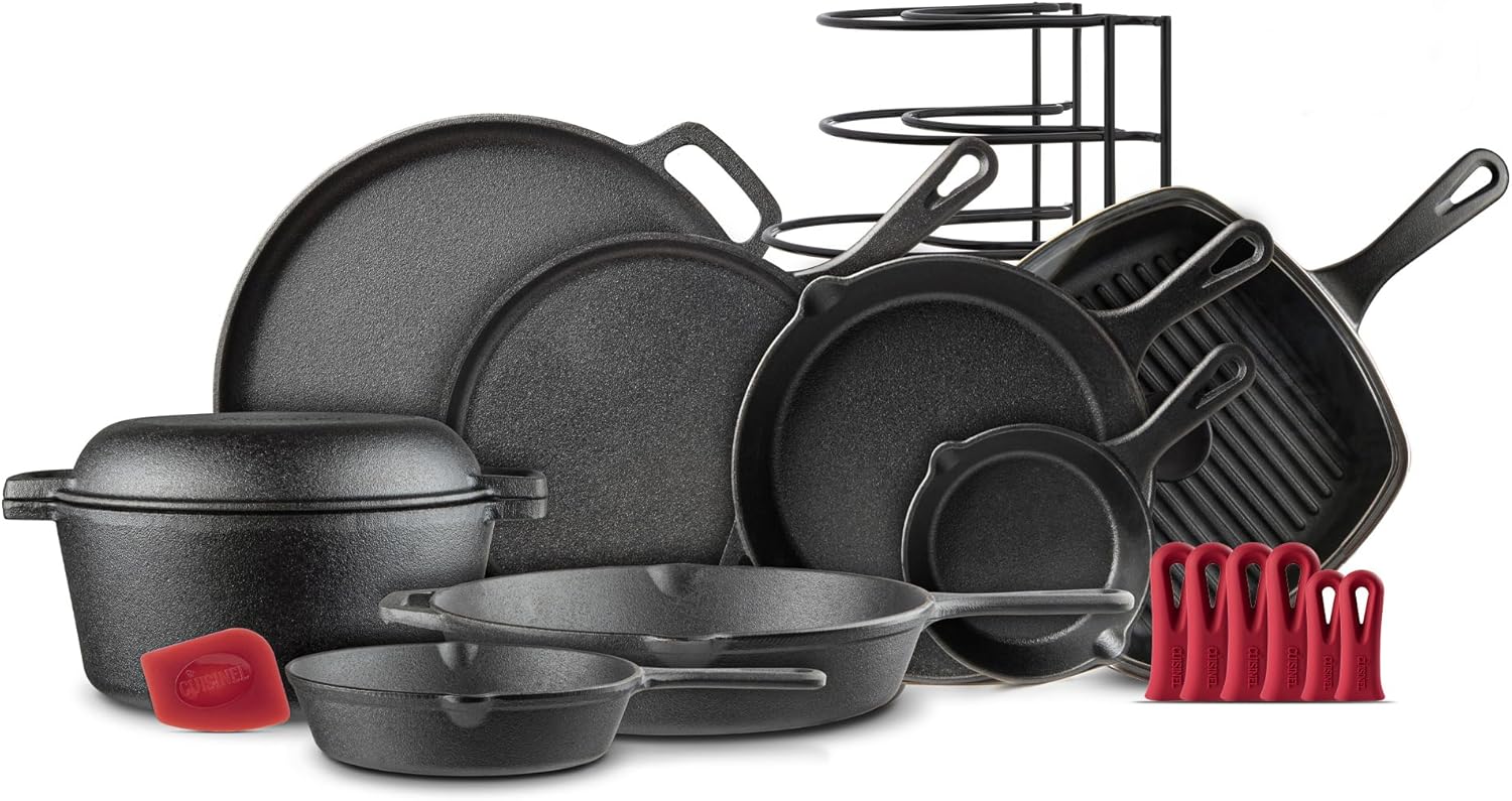 Cuisinel Cast Iron Cookware 18-Piece Set - Pre-Seasoned 6' + 8' + 10' + 12' Skillet + Grill Pan+Lid + Griddle + Pizza Pan + Dutch Oven+Pan Cover + Panrack + Silicone Handle Grips + Pan Scraper/Cleaner