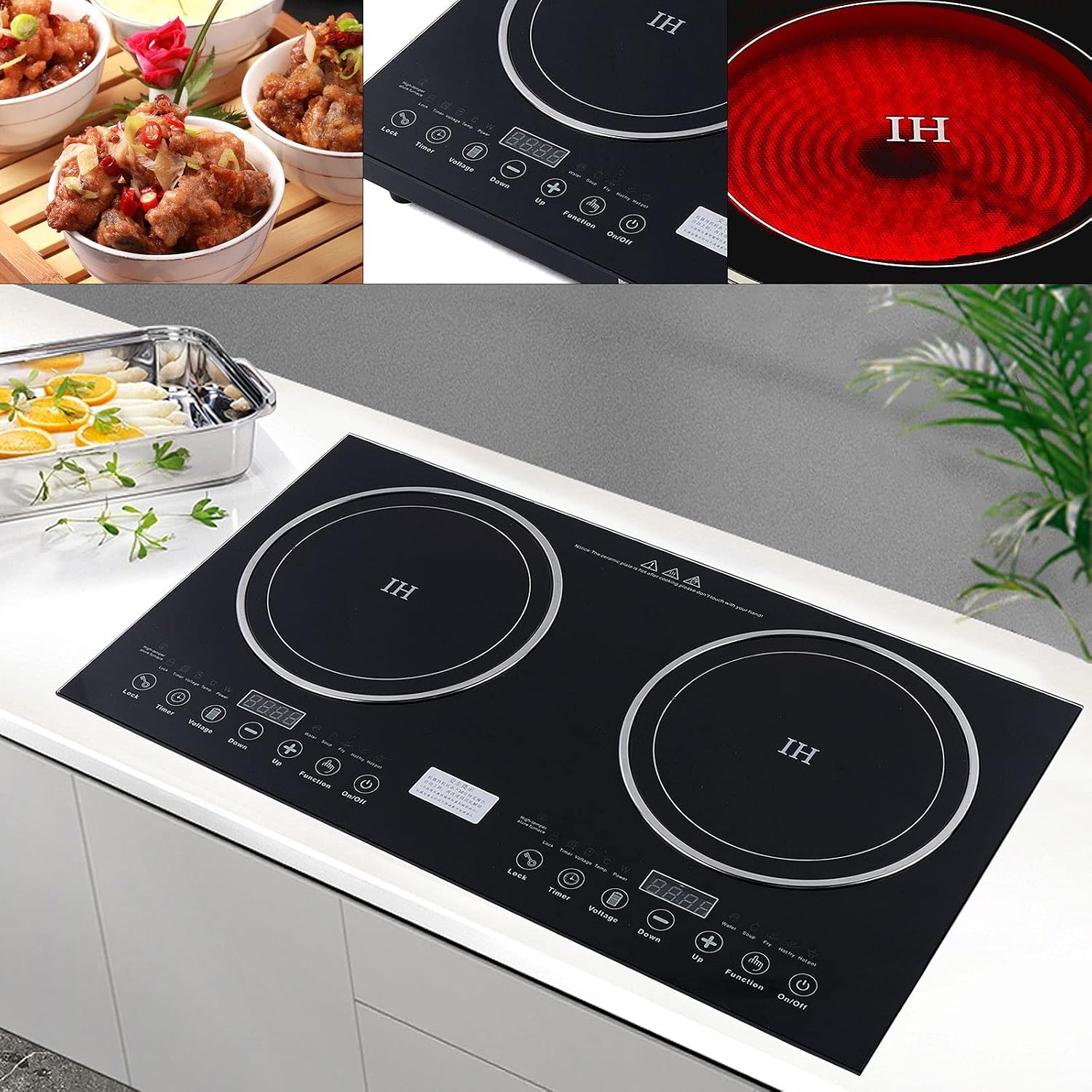 DYRABREST Electric Double Induction Cooktop,110V LCD Display Induction Hot Plate with 8 Levels Firepower and Multiple Cooking Modes,Far Infrared Heating Countertop Burners for Home (type 1)