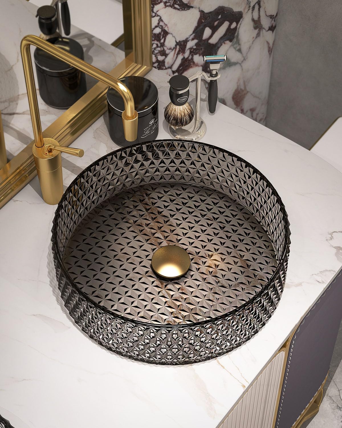 Homary Bathroom Vessel Sink Round Vessel Sink 15.35' x 4.33' Transparent Diamond Shaped Crystal Glass Bathroom Sink Above Counter with Pop-up Drain, Black