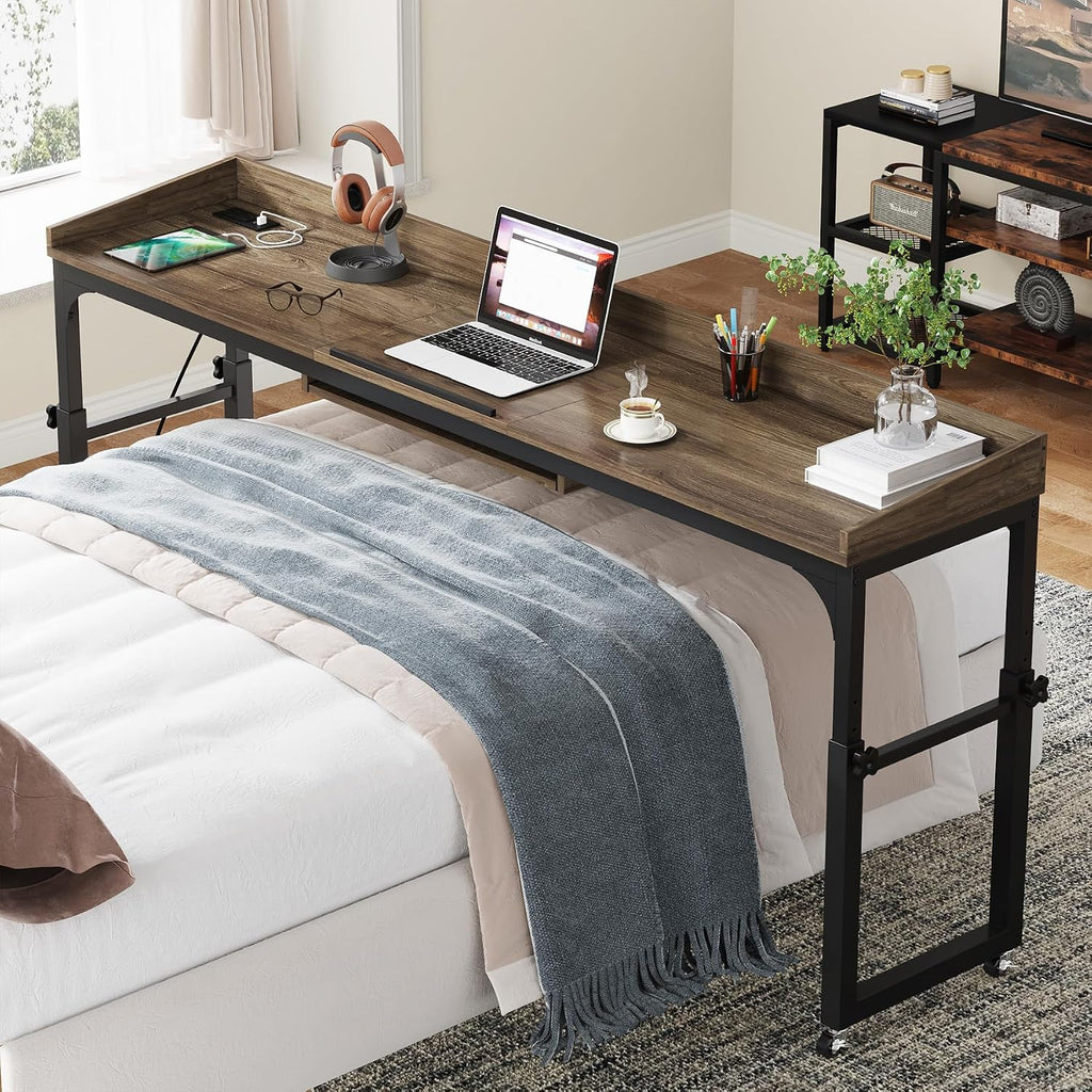 Tribesigns Height Adjustable Overbed Table with Wheels, Queen Size Over Bed Desk with Adjustable Tilt Stand, Mobile Laptop Cart Computer Desk with Outlets & USB Ports (Dark Gray)