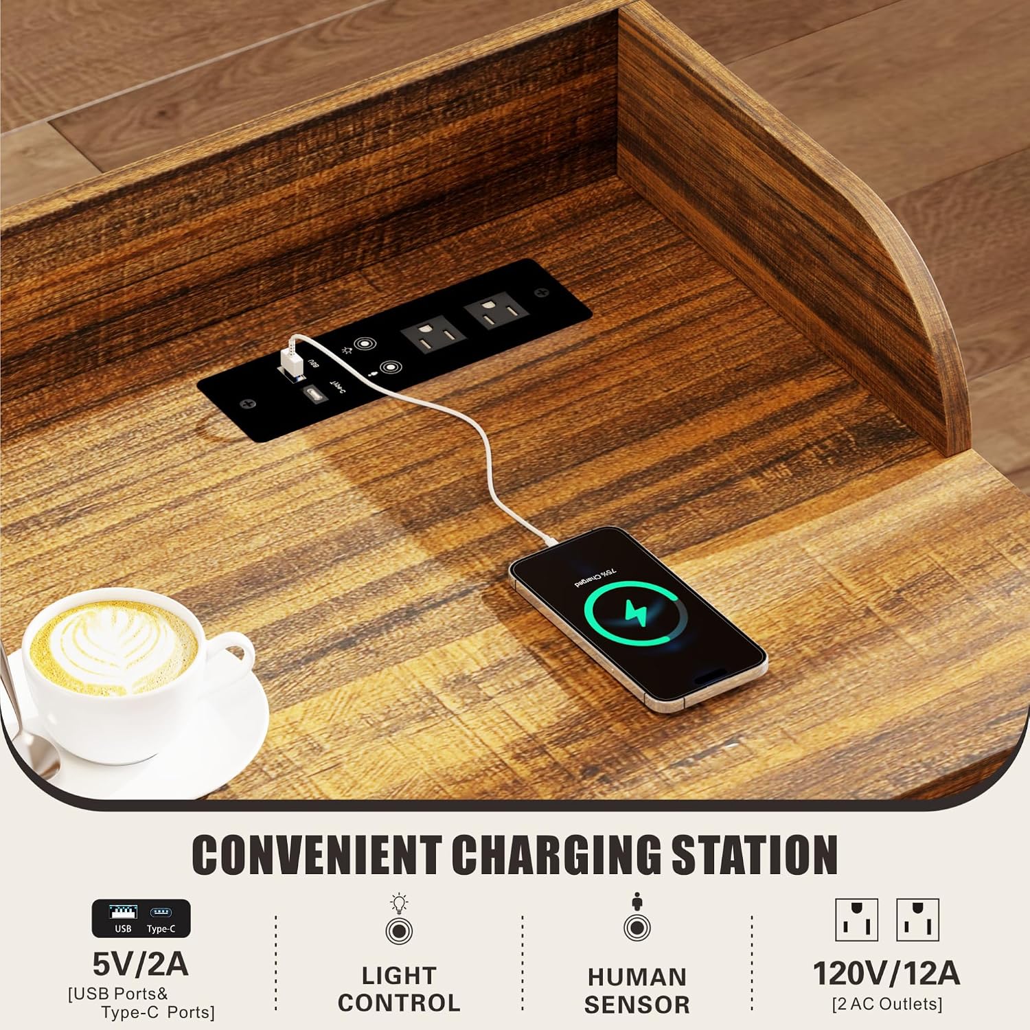 HWB Overbed Desk with Charging Station-Over Bed Table-Adjustable Length/Height with Wheels - Human Sensor LED Light Mobile Queen Size Bed Table Rolling Tray Table for Eating & Laptops, Brown
