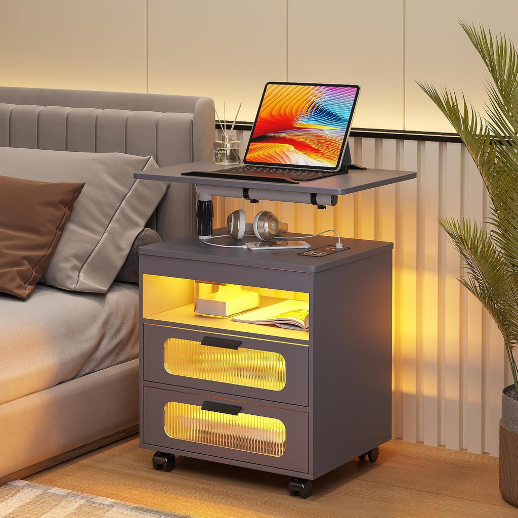 HNEBC LED Nightstand Set of 2 with Charging Station & Adjustable Overbed Desk, 3 Color LED Lights & Body Sensor, Mobile Bedside Table with Wheels, 2 Drawers & Open Shelf for Bedroom(Grey)