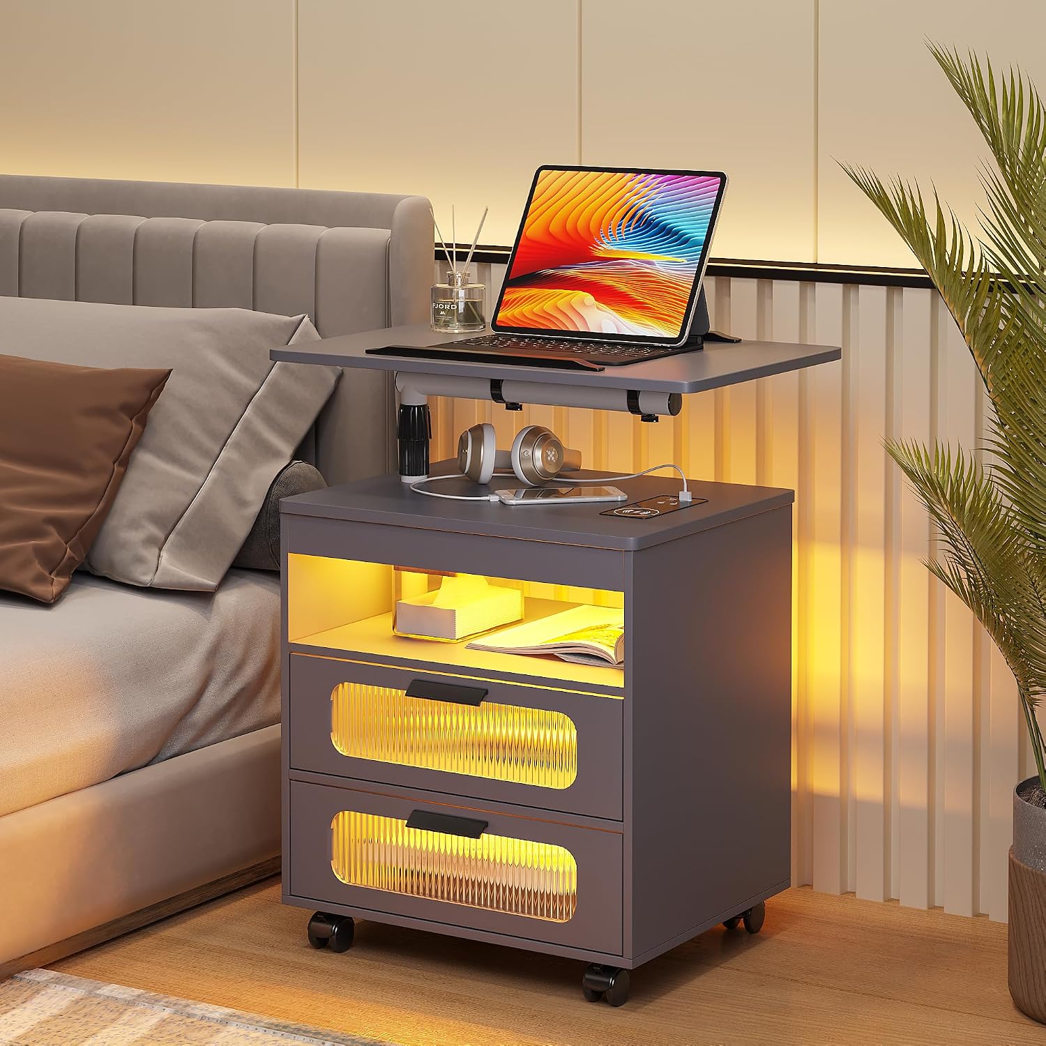 HNEBC LED Nightstand Set of 2 with Charging Station & Adjustable Overbed Desk, 3 Color LED Lights & Body Sensor, Mobile Bedside Table with Wheels, 2 Drawers & Open Shelf for Bedroom(Grey)