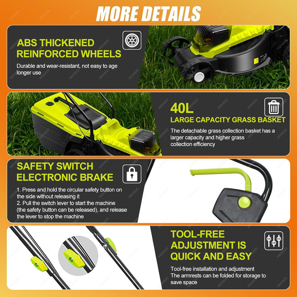Cordless Push Lawn Mower with 10.6bal Grass Box, 40V Battery Powered Grass Cutting Machine, 30mm/50mm/70mm-Adjustable Cutting Heights, 4000mAh Battery, for Backyard Gardens, Lawns,4 batteries