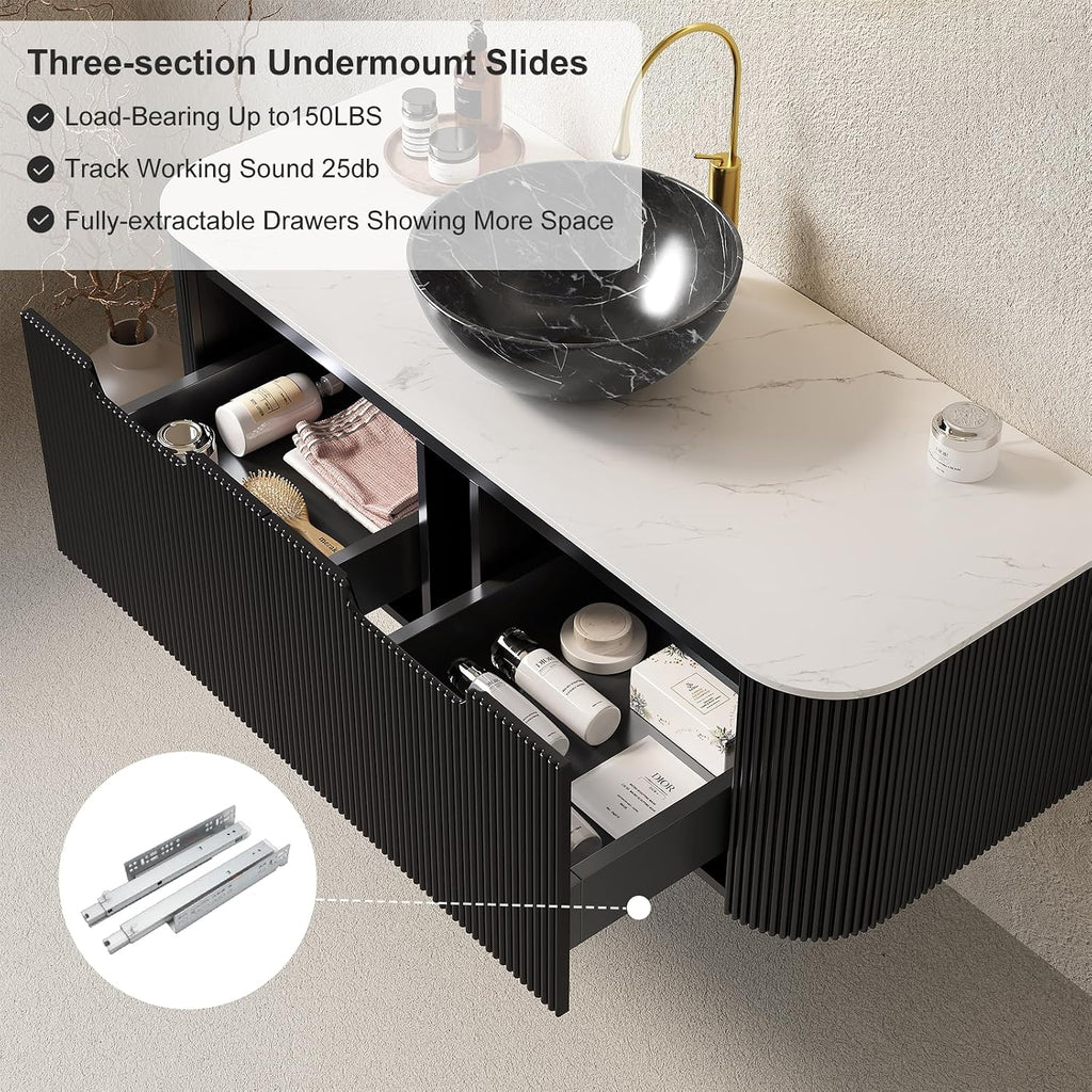 48' Floating Bathroom Vanity with Sink, Plywood Bathroom Vanities with Ultra-Thin Marble Ceramic Basin and Top, 2 Large Soft-Closing Storage Drawers, Pre-Assembled Cabinet, Gloss Black